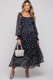 Navy Blue Floral Ruffle Square Neck Smocked Maternity Maxi Dress