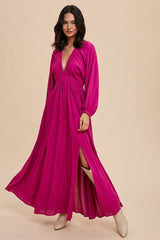 Magenta Deep V-Neck Smocked Waist Maternity Maxi Dress