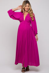 Magenta Deep V-Neck Smocked Waist Maternity Maxi Dress