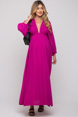 Magenta Deep V-Neck Smocked Waist Maternity Maxi Dress