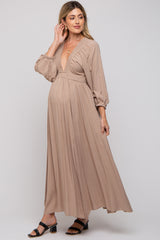 Beige Deep V-Neck Smocked Waist Maternity Maxi Dress