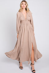 Beige Deep V-Neck Smocked Waist Maternity Maxi Dress