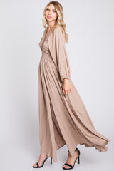 Beige Deep V-Neck Smocked Waist Maxi Dress