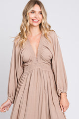 Beige Deep V-Neck Smocked Waist Maxi Dress