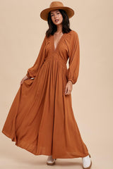 Camel Deep V-Neck Smocked Waist Maternity Maxi Dress