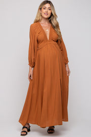 Camel Deep V-Neck Smocked Waist Maternity Maxi Dress