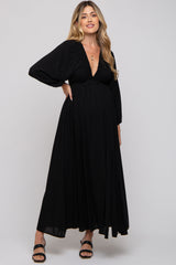 Black Deep V-Neck Smocked Waist Maternity Maxi Dress