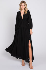 Black Deep V-Neck Smocked Waist Maxi Dress