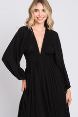 Black Deep V-Neck Smocked Waist Maxi Dress