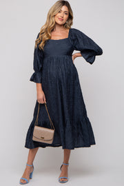 Navy Blue Metallic Jacquard Floral Maternity Midi Dress