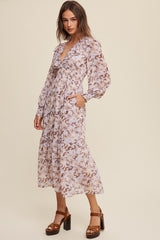 Mocha Leaf Print Ruffled V-Neck Chiffon Maxi Dress