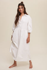 White Button Front Puff Sleeve Babydoll Maxi Dress