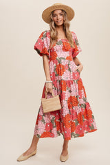 Coral Flower Print Tiered Midi Dress