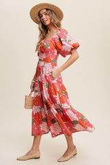 Coral Flower Print Tiered Midi Dress