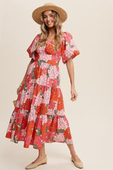 Coral Flower Print Tiered Midi Dress