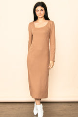 Camel Ribbed Side Slit Maternity Midi Dress