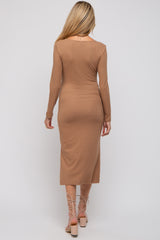 Camel Ribbed Side Slit Maternity Midi Dress