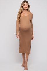 Camel Ribbed Side Slit Maternity Midi Dress