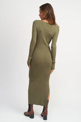 Olive Ribbed Fitted Long Sleeve Maxi Dress