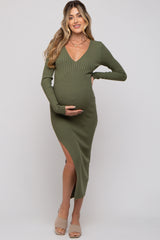 Olive Ribbed Fitted Long Sleeve Maternity Maxi Dress