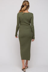 Olive Ribbed Fitted Long Sleeve Maternity Maxi Dress