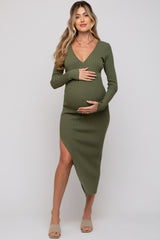 Olive Ribbed Fitted Long Sleeve Maternity Maxi Dress