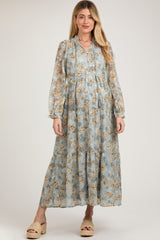 Light Blue Floral Button Front Tiered Maternity Maxi Dress