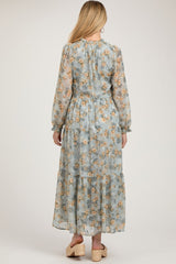 Light Blue Floral Button Front Tiered Maternity Maxi Dress