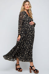 Black Floral Chiffon Front Tie Tiered Maternity Maxi Dress