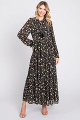 Black Floral Chiffon Front Tie Tiered Maxi Dress