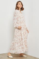 Rust Floral Tassel Tiered Long Sleeve Maxi Dress