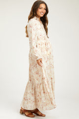 Rust Floral Tassel Tiered Long Sleeve Maternity Maxi Dress