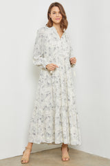 Gray Floral Tassel Tiered Long Sleeve Maternity Maxi Dress