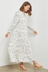 Gray Floral Tassel Tiered Long Sleeve Maxi Dress