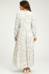 Gray Floral Tassel Tiered Long Sleeve Maternity Maxi Dress