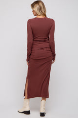 Rust Ruched Long Sleeve Side Slit Maternity Dress