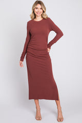 Rust Ruched Long Sleeve Side Slit Maternity Dress