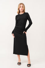 Black Ruched Long Sleeve Maternity Midi Dress