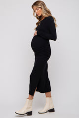 Black Ruched Long Sleeve Maternity Midi Dress