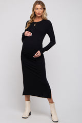 Black Ruched Long Sleeve Maternity Midi Dress