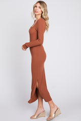 Brown Ribbed Side Slit Midi Dress