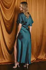 Deep Teal Satin Blouson Maxi Dress