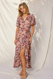 Mauve Floral Double Ruffled Hem Wrap Dress