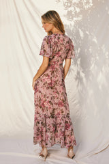 Mauve Floral Double Ruffled Hem Wrap Dress