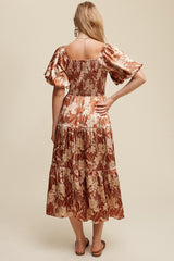 Brown Floral Print Puff Sleeve Silky Satin Midi Dress