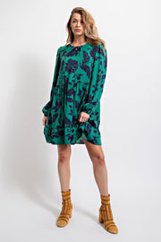 Deep Green Floral Printed Satin Dress