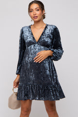 Blue Velvet Long Sleeve Maternity Dress