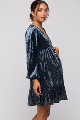 Blue Velvet Long Sleeve Maternity Dress