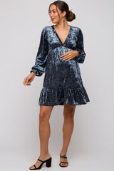 Blue Velvet Long Sleeve Maternity Dress