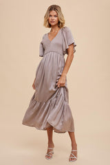 Taupe Satin Smocked Midi Dress